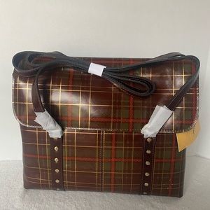 Patricia Nash Brown Plaid Leather Messenger Bag Autumn Collection MSRP $269 NEW